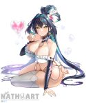  1girl absurdres air_bubble aqua_hair ass bare_shoulders barefoot bikini black_hair blush breasts bubble cleavage closed_mouth colored_inner_hair detached_sleeves finger_heart goddess_of_victory:_nikke hair_intakes hair_ornament heart highres large_breasts little_mermaid_(nikke) little_mermaid_(shell_princess)_(nikke) long_hair multicolored_hair nathoart official_alternate_costume official_alternate_hairstyle revision shell shell_hair_ornament simple_background single_thighhigh smile stomach swimsuit thigh_strap thighhighs very_long_hair wet white_bikini white_thighhighs yellow_eyes 