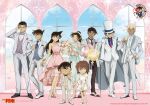  3girls 6+boys :d ;) akai_shuuichi amuro_tooru anime_coloring belt black-framed_eyewear black_hair black_shoes blonde_hair blue_eyes blue_necktie blue_shirt blue_vest bouquet bow bowtie bracelet breast_pocket brown_bow brown_bowtie brown_hair brown_necktie brown_shoes closed_mouth collarbone collared_shirt copyright_logo copyright_notice dress dress_shirt edogawa_conan falling_petals finger_gun full_body glasses gloves green_dress grey_hair grey_pants haibara_ai hand_in_pocket hand_on_own_head hat hattori_heiji high_heels high_ponytail holding holding_bouquet indoors jacket jewelry kaitou_kid kudou_shin'ichi logo long_hair long_sleeves looking_at_viewer meitantei_conan monocle monocle_chain mouri_ran multiple_boys multiple_girls necklace necktie official_art one_eye_closed open_clothes open_jacket open_mouth own_hands_clasped own_hands_together pants petals pink_belt pink_dress pink_necktie pink_petals pink_shoes pocket ponytail purple_bow purple_bowtie purple_vest shirt shoes short_hair sleeveless sleeveless_dress smile standing straight-on suit tooyama_kazuha top_hat vest white_dress white_gloves white_hat white_jacket white_pants white_shirt white_shoes window 