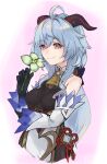  1girl black_gloves black_leotard blue_hair breasts closed_mouth commentary_request detached_sleeves flower ganyu_(genshin_impact) genshin_impact gloves green_flower holding holding_flower leotard long_hair medium_breasts purple_eyes sankansan smile solo upper_body white_sleeves 