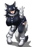  1girl :d animal_ear_fluff animal_ears black_hair black_jacket black_thighhighs blazer blue_eyes boots breasts commentary_request curvy fang full_body fur-trimmed_boots fur_collar fur_trim gloves gradient_thighhighs grey_wolf_(kemono_friends) hair_between_eyes hand_on_own_knee heterochromia huge_breasts jacket kemono_friends long_hair long_sleeves looking_at_viewer miniskirt multicolored_hair multicolored_thighhighs necktie open_mouth orange_eyes plaid_clothes plaid_necktie plaid_skirt pleated_skirt shadow shadow_of_swamp simple_background skindentation skirt smile solo standing tail thighhighs two-tone_hair two-tone_thighhighs v v-shaped_eyebrows white_background white_boots white_gloves white_hair white_thighhighs wolf_ears wolf_girl wolf_tail zettai_ryouiki 