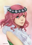  1girl 2018 absurdres alternate_color animal_around_neck blue_eyes bow closed_mouth commentary english_commentary fox green_shirt hair_bow head_wreath highres lips looking_at_viewer medium_hair pink_background pink_hair ragnarok_online shirt sleeveless sleeveless_shirt smile soehlu solo sorcerer_(ragnarok_online) upper_body white_bow 