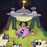  abduction alternate_color commentary english_commentary floating highres horns looking_down magnezone mareep nenupiot no_humans official_alternate_color open_mouth pokemon pokemon_(creature) pokemon_focus red_eyes ringed_eyes shiny_pokemon 