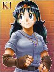  1girl artist_request belt black_eyes black_hair border brown_belt brown_gloves character_name circlet closed_mouth druaga_no_tou elbow_gloves fingerless_gloves gloves gold_necklace jacket jewelry ki_(druaga) long_hair looking_up necklace oekaki outside_border second-party_source short_sleeves smile solo stone_wall upper_body white_border white_jacket 