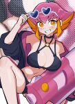  1girl alternate_breast_size_(larger) bare_shoulders bikini black_bikini black_bow black_jacket blush bow bow_bikini breasts cleavage commentary_request eyewear_on_head hair_between_eyes heart heart-shaped_eyewear highres jacket kouzuki_anna large_breasts looking_at_viewer multicolored_hair o-ring o-ring_bikini off_shoulder orange_eyes orange_hair pink_hair smile solo sunglasses swimsuit teeth two-tone_hair wadatsumi_(sense11531153) yu-gi-oh! yu-gi-oh!_zexal 
