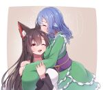  2girls :d ;d animal_ear_fluff animal_ears blue_hair blush breasts brown_hair commentary_request dress drill_hair drill_sidelocks fang fins frilled_kimono frills green_kimono hair_between_eyes hashi2387 head_fins highres hug hug_from_side imaizumi_kagerou japanese_clothes kimono large_breasts long_hair long_sleeves merfolk mermaid monster_girl multiple_girls obi obijime one_eye_closed open_mouth purple_sash red_eyes sash sidelocks skin_fang smelling smelling_hair smile touhou translation_request wakasagihime white_dress wide_sleeves wolf_ears wolf_girl yuri 