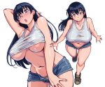  1girl arato_nagi black_hair blue_eyes blush breasts brown_eyes casual cleavage commentary_request denim earrings female_pubic_hair highres jewelry large_breasts long_hair looking_at_viewer navel open_mouth pubic_hair pubic_hair_peek ruri_no_houseki shirt simple_background smile solo stud_earrings tsuda_nanafushi white_background white_shirt 