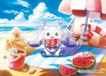  1other :3 :d beach beach_umbrella bell blue_sky bucket chair chibikemo clam_shell cloud commentary_request company_name conch copyright_notice day deck_chair folding_chair food fruit furry green_eyes holding holding_food holding_fruit innertube jingle_bell looking_at_viewer lunlun_(nijisanji) neck_bell nijisanji nishida_yuu ocean official_art open_mouth outdoors sample_watermark sand sand_castle sand_sculpture seashell shadow shell simple_bird sitting sky smile solo starfish swim_ring towel trowel umbrella virtual_youtuber water watermark watermelon watermelon_slice 