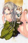  2018 ahoge animal ass banned_artist bare_legs bare_shoulders barefoot blue_eyes blush bow cartoon_bone closed_mouth dog eyebrows_visible_through_hair floral_print from_behind green_bow green_kimono japanese_clothes kimono long_hair looking_at_viewer looking_back lying naked_kimono no_bra no_panties off_shoulder on_stomach original print_kimono purple_eyes shiny shiny_hair silver_hair solo suisen tareme the_pose twintails wide_sleeves yukata 