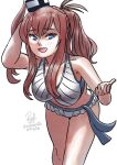  1girl bikini bikini_skirt blue_eyes breasts brown_hair dated feet_out_of_frame high_side_ponytail highres kantai_collection large_breasts one-hour_drawing_challenge ponytail ron_(pixiv83091338) saratoga_(kancolle) saratoga_(swimsuit)_(kancolle) side_ponytail sidelocks signature simple_background smile smokestack_hair_ornament solo striped_bikini striped_clothes swimsuit twitter_username white_background white_bikini 