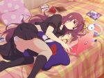  1girl ass bebe-tan black_necktie black_ribbon black_sailor_collar black_serafuku black_skirt black_socks blush book breasts character_sticker computer digital_walkman floral_print hair_ribbon headphones hebijo_academy_school_uniform laptop large_breasts long_hair looking_at_viewer lotion_bottle lying midriff mp3_player murasaki_(senran_kagura) necktie notebook official_art on_bed on_side panties pantyshot pen pillow pleated_skirt polka_dot_pillow puffy_short_sleeves puffy_sleeves purple_eyes purple_hair red_trim ribbon sailor_collar school_uniform senran_kagura senran_kagura_new_link serafuku shirt short_sleeves skirt smile socks solo sticker stuffed_animal stuffed_toy teddy_bear typing underwear very_long_hair walkman_e_series white_panties 