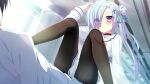  1boy 1girl black_hair black_pantyhose blue_eyes blue_hair bow bowtie choker cross_hair_ornament da_capo da_capo_iv dutch_angle from_below game_asset hair_bun hair_ornament hair_over_one_eye hair_ribbon hand_on_own_head highres houjou_shiina indoors lapels legs_up long_hair long_sleeves lying m_legs miniskirt mitsumomo_mamu non-web_source official_art on_back pantyhose pleated_skirt ribbon sailor_collar school_uniform serafuku shirt side_ponytail single_side_bun sitting sitting_on_person skirt sleeve_cuffs spread_legs striped_clothes tokisaka_ichito white_sailor_collar white_shirt white_skirt yellow_bow yellow_bowtie 