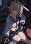  1girl animal_ears black_shorts blue_archive blue_sailor_collar blue_skirt blush braid brown_gloves brown_hair cameltoe clothes_lift commentary fox_ears fox_tail gloves green_eyes highres kuwa_za looking_at_viewer navel neckerchief open_mouth otogi_(blue_archive) red_neckerchief sailor_collar shirt shorts shorts_under_skirt skirt skirt_lift solo stomach sweat tail teeth upper_teeth_only very_long_braid white_shirt 