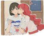  2girls :t black_eyes black_hair bowl braid chopsticks commentary fafayu heart highres holding holding_bowl holding_chopsticks kiss kissing_cheek lara_(sayonara_lara) long_hair multiple_girls ootsu_mari red_hair rice sayonara_lara shirt short_hair single_braid untranslatable_commentary yuri 
