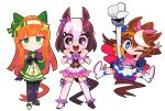  3girls animal_ears asymmetrical_footwear asymmetrical_gloves black_gloves black_pantyhose blue_eyes blue_gloves blunt_bangs blush boots brown_hair clenched_hands commentary ear_covers epaulettes eyelashes gashi-gashi gloves green_eyes hair_ornament hairband horse_ears horse_girl horse_tail long_hair long_sleeves mismatched_footwear mismatched_gloves multicolored_hair multiple_girls one_eye_closed open_mouth orange_hair pantyhose ponytail purple_eyes short_hair short_sleeves silence_suzuka_(innocent_silence)_(umamusume) silence_suzuka_(umamusume) simple_background single_epaulette special_week_(special_dreamer)_(umamusume) special_week_(umamusume) standing streaked_hair tail thighhighs tokai_teio_(peak_joy)_(umamusume) tokai_teio_(umamusume) umamusume untranslatable_commentary white_background white_boots white_gloves white_hair white_thighhighs 