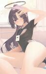  1girl absurdres black_buruma black_halo black_shirt blue_archive blue_eyes breasts buruma commentary halo highres id_card indoors lan001 long_hair looking_at_viewer mechanical_halo medium_breasts millennium_science_school_logo official_alternate_costume purple_hair shirt short_sleeves solo star_(symbol) star_sticker sticker sticker_on_face window yuuka_(blue_archive) yuuka_(track)_(blue_archive) 