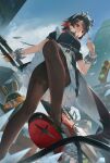  2girls absurdres bangboo_(zenless_zone_zero) black_dress black_hair black_pantyhose blue_sky breasts building candy cloud colored_inner_hair corin_wickes dress ellen_joe eous_(zenless_zone_zero) fins fish_tail food from_below green_hair hairband high_heels highres holding holding_candy holding_food holding_lollipop holding_polearm holding_weapon large_tail lollipop long_hair looking_at_viewer maid maid_headdress medium_breasts metal_hairband miyano_haruto multicolored_hair multiple_girls pantyhose polearm purple_eyes red_eyes red_hair screw_hair_ornament shark_girl shark_tail short_hair sky skyscraper solo_focus spiked_headband tail traffic_light two-tone_hair weapon zenless_zone_zero 