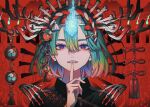  1girl aegyo_sal akiakane aqua_hair bell black_jacket blue_fire bone bone_hair_ornament candle commentary disembodied_hand english_commentary fake_antlers finger_to_mouth fire floating gradient_hair hair_between_eyes hair_ornament hairband hairclip highres hitodama jacket lantern looking_at_viewer multicolored_eyes multicolored_hair original parallel_hairclips pink_hair purple_eyes rainbow_hair red_background red_candle red_hairband short_hair skeletal_hand smile solo tassel tomoe_(symbol) upper_body white_hairband whorled_flames zipper 