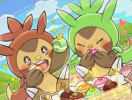  alternate_color black_eyes blue_sky blush bright_pupils chespin claws closed_eyes cloud commentary_request food food_on_face heart no_humans open_mouth poffin pokemon pokemon_(creature) pokemon_focus runachikku shiny_and_normal shiny_pokemon sky sparkle white_pupils 