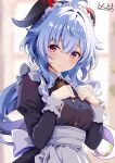  1girl alternate_costume apron black_dress blue_hair blurry blurry_background blush breasts closed_mouth commentary_request dress enmaided frilled_hairband frills ganyu_(genshin_impact) genshin_impact goat_horns hair_between_eyes hairband hands_up highres horns indoors juliet_sleeves light_smile long_hair long_sleeves looking_at_viewer maid maid_headdress medium_breasts puffy_sleeves purple_eyes signature solo ton_ton_tontoro white_apron white_hairband 