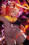  1girl aiguillette animal_ears asymmetrical_gloves asymmetrical_jacket black_gloves blonde_hair blue_eyes blush bodysuit breasts durandal_(chevalier_fidele)_(umamusume) durandal_(umamusume) ear_covers epaulettes fire frilled_bodysuit gloves hair_between_eyes highres horse_ears horse_girl horse_tail jacket large_breasts lightning long_hair looking_at_viewer mismatched_gloves multicolored_hair open_mouth single_ear_cover smile solo tail tarf teeth two-tone_hair umamusume upper_teeth_only white_bodysuit white_gloves white_hair yellow_jacket 