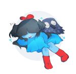  1girl aqua_(deltarune) aqua_blush aqua_dress aqua_flower aqua_skin arm_pillow black_beak black_feathers black_hair blush boots bow circle colored_skin commentary_request covered_eyes crsrsrsrsrs deltarune dress fang feathers flower full_body hair_wings head_bow highres kawkaw_(deltarune) leaning_on_person long_hair parted_lips red_boots red_bow sleeping sleeves_past_fingers sleeves_past_wrists solo utdr_(toby_fox) zzz 