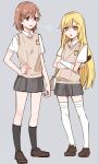  2girls aged_down bag black_socks blonde_hair brown_hair brown_shoes brown_sweater_vest collared_shirt commentary controller crossed_arms emblem frog_hair_ornament frown full_body gekota gloves grey_background grey_skirt hair_ornament hairclip hand_on_own_hip handbag height_difference highres holding holding_controller holding_remote_control kneehighs loafers long_hair miniskirt misaka_mikoto multiple_girls no_print open_mouth pleated_skirt remote_control school_emblem school_uniform shirt shoes shokuhou_misaki short_hair short_sleeves skirt socks standing star-shaped_pupils star_(symbol) summer_uniform sweater_vest symbol-shaped_pupils thighhighs toaru_kagaku_no_railgun toaru_majutsu_no_index tokiwadai_school_uniform under-elbow_gloves uuron_(nkktmrrr) v-neck white_gloves white_shirt white_thighhighs yellow_eyes zettai_ryouiki 