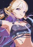  1girl black_gloves black_sports_bra blonde_hair colored_inner_hair commentary_request gloves grin hachinana hololive hololive_dev_is long_hair looking_at_viewer multicolored_hair official_alternate_costume official_alternate_hairstyle partially_fingerless_gloves pendant_collar purple_eyes purple_hair smile solo sports_bra star_pendant streaked_hair sweatdrop todoroki_hajime todoroki_hajime_(black_aurora) upper_body virtual_youtuber 