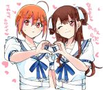  22/7 2girls ;) ahoge arm_behind_back blue_ribbon blush bow brown_eyes brown_hair collarbone dress emblem fanged_bangs fivesta hair_between_eyes hair_bow hair_ornament hairclip heart heart_hands heart_hands_duo himuro_mizuki light_smile long_hair multicolored_hair multiple_girls one_eye_closed orange_hair pink_hair ribbon sailor_collar sera_honoka short_hair short_sleeves shy simple_background smile streaked_hair sweatdrop trefle_r two-tone_hair two_side_up upper_body white_background white_bow white_dress white_sailor_collar 
