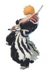  1boy absurdres armor arms_across_body black_hakama bleach bleach:_sennen_kessen-hen brown_eyes commentary dual_wielding fighting_stance full_body hakama highres holding holding_sword holding_weapon japanese_clothes kurosaki_ichigo male_focus orange_hair pauldrons ready_to_draw shoulder_armor socks solo sonzhondaya sword sword_on_back true_zangetsu_(shikai) weapon weapon_on_back white_socks 