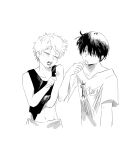  2boys blush brushing_teeth collarbone commentary_request cropped_torso greyscale hand_under_clothes hikaru_ga_shinda_natsu holding holding_toothbrush indou_hikaru male_focus messy_hair mole mole_on_cheek mole_under_mouth monochrome multiple_boys navel open_mouth shirt shitake_manju short_hair simple_background sleepy t-shirt tank_top tongue toothbrush tsujinaka_yoshiki upper_body white_background 
