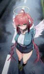  1girl absurdres ahoge angel angel_wings arms_behind_back blue_jacket blush breasts broken broken_chain chain chain_leash closed_mouth collar commentary_request denim denim_skirt feathered_wings from_above full_body green_eyes hair_between_eyes halo highres ikamochi_kalong ikaros jacket large_breasts leash long_hair looking_at_viewer metal_collar miniskirt open_clothes open_jacket outdoors pink_hair pink_wings ribbon robot_ears skirt socks solo sora_no_otoshimono thighs twintails very_long_hair wet wet_hair wings 