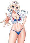  1girl absurdres bikini blonde_hair blue_bikini blue_eyes blue_hair breasts collared_shirt colored_inner_hair dress_shirt english_commentary foreshortening gloire_(kancolle) hairband hand_on_own_hip highres kantai_collection katou_shinobu large_breasts multicolored_bikini multicolored_hair o-ring o-ring_bikini shirt short_hair solo swimsuit tied_shirt white_hairband white_shirt 