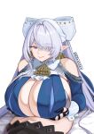  2girls absurdres ascot bare_shoulders belle_(brilliance_of_stars)_(zenless_zone_zero) belle_(zenless_zone_zero) breasts clothing_cutout commentary dress earrings english_commentary erotanuki futa_with_female futanari grey_hair hair_over_one_eye highres huge_breasts jewelry long_hair looking_at_another lying mole mole_under_mouth multiple_girls navel on_back on_bed paizuri pointy_ears purple_eyes shoulder_cutout simple_background smile velina_airgid white_background yellow_ascot zenless_zone_zero 