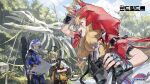  1boy 2girls animal_ear_fluff animal_ears arclight_(arknights) arknights arknights:_endfield binoculars black_gloves black_halo black_pants blonde_hair blue_eyes blue_hair braid cape clothing_cutout copyright_logo copyright_notice dark-skinned_female dark_skin dragon_boy dragon_horns dress eastern_dragon_horns fingerless_gloves forest giant_skeleton gloves green_hair halo halo_behind_head highres hip_vent holding holding_binoculars holding_map hood hooded_cape horns horse_ears horse_girl lifeng_(arknights) logo long_hair low-tied_sidelocks map multicolored_hair multiple_girls nature official_art open_mouth outdoors pants purple_eyes red_cape rossi_(arknights) seeshin_see short_hair side_braids sidelocks sky streaked_hair tail tree two-tone_hair white_dress white_hair wolf_ears wolf_girl yellow_eyes 