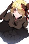  1girl :o absurdres black_bow black_dress black_gloves bow brown_hair dress gloves hair_bow hair_over_one_eye heaven_burns_red highres kayamori_ruka kayamori_ruka_(cardinal_reverberations) looking_at_viewer one_eye_covered open_mouth puyopiku red_bow red_eyes short_hair 