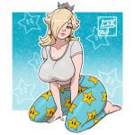  1girl artist_logo barefoot blue_eyes blue_pants breasts closed_mouth crown earrings full_body grey_shirt hair_over_one_eye highres jayladair jewelry large_breasts logo looking_at_viewer mario_(series) medium_hair pajamas pants rosalina seiza shirt sitting smile solo star_(symbol) star_earrings star_print toes 