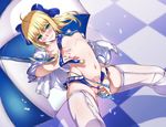  ahoge arched_back artoria_pendragon_(all) ass_visible_through_thighs blonde_hair breasts clitoris closed_mouth commentary_request covered_nipples cropped_jacket embarrassed fate/stay_night fate_(series) green_eyes hand_in_panties highres jacket looking_at_viewer midriff navel niko_(tama) panties pubic_tattoo pussy race_queen ribs saber shiny shiny_clothes shiny_hair shiny_skin short_sleeves shorts small_breasts solo spread_legs standing sword tattoo thighhighs umbrella underwear weapon 