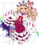  1girl alternate_costume artist_name blonde_hair blush bow bowtie breasts collared_shirt commentary crystal crystal_wings fang fish flandre_scarlet frilled_shirt_collar frilled_skirt frills hair_between_eyes hat hat_ribbon highres holding_own_skirt long_hair looking_at_viewer mob_cap multicolored_wings one_side_up open_mouth puffy_short_sleeves puffy_sleeves red_bow red_bowtie red_eyes red_skirt ribbon samon_(vxxr8575) shirt short_sleeves skin_fang skirt small_breasts smile solo thighhighs touhou white_hat white_shirt white_thighhighs wings 