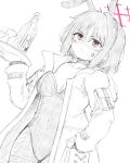  1girl alcohol alternate_costume anger_vein animal_ear_hairband animal_ears blue_archive blush bottle breasts choker commentary_request cowboy_shot cup drinking_glass dutch_angle fake_animal_ears greyscale hairband halo hand_in_pocket highleg highleg_leotard highres holding holding_tray hood hooded_jacket jacket leotard misaki_(blue_archive) monochrome nose_blush oversized_breast_cup pantyhose rabbit_ears red_eyes red_halo short_hair simple_background sketch small_breasts solo spot_color strapless strapless_leotard tray white_background zetsumame 