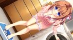  1girl basket bathroom_scale bent_over blue_eyes bow braid breasts brown_hair chest_of_drawers cleavage closed_mouth collarbone dutch_angle frilled_pajamas frills game_asset hair_bow hair_intakes half_up_braid hand_on_own_chest hinata_nao hoshimi_yuki juliet_sleeves long_hair long_sleeves non-web_source outstretched_arm pajamas pink_pajamas pink_shorts puffy_sleeves red_ribbon ribbon short_shorts shorts standing three-quarter_sleeves washing_machine weighing_scale white_bow yuuwaku_scramble 
