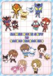  1girl 4boys :d ;d amane_sachika badtz-maru black_pants blue_bow blue_jacket bow brown_eyes brown_hair cake cake_slice candy chibi chibi_only cinnamoroll closed_eyes closed_mouth commentary_request copyright_notice dark_shouma_(kamen_rider) donut earrings eyelid_pull food frown grin gudetama hair_bow hand_up hangyodon highres holding holding_candy holding_food holding_lollipop ice_cream ice_cream_cone inoue_shouma jacket jewelry kamen_rider kamen_rider_bitter_gavv kamen_rider_bitter_gavv_(sparkingummy_form) kamen_rider_gavv kamen_rider_gavv_(poppingummy_form) kamen_rider_gavv_(series) kamen_rider_valen_(chocodon_form) kamen_rider_vram kamen_rider_vram_(pudding_custom) karakida_hanto kuromi lakia_amarga lollipop long_hair low_twintails merchandise_available multiple_boys my_melody official_art one_eye_closed open_mouth outline pants parted_bangs pochacco pompompurin sanrio shirt short_hair simple_background smile sparkle twintails wavy_hair white_background white_outline white_shirt 