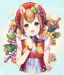  2018 :3 :d animal_ears arm_at_side bangs blush bow bowtie brown_eyes brown_hair chinese_zodiac commentary_request cropped_torso dog_ears eye_reflection eyebrows_visible_through_hair fan flower folding_fan green_flower hair_flower hair_ornament hand_up happy_new_year head_tilt looking_at_viewer md5_mismatch momoshiki_tsubaki nengajou new_year open_mouth original paw_print print_neckwear purple_flower red_shirt reflection shirt sleeveless sleeveless_shirt smile solo teal_background thick_eyebrows wristband year_of_the_dog yellow_neckwear 