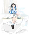  1girl 22/7 aqua_eyes aqua_hair black_hair blue_ribbon brown_shoes collarbone dress emblem full_body gradient_hair grin hair_ribbon head_tilt loafers long_hair multicolored_hair nishiura_sora ribbon sailor_collar sailor_dress shoes short_sleeves sitting smile socks solo straight-on teeth trefle_r two_side_up v white_dress white_ribbon white_sailor_collar white_socks 
