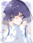  1girl absurdres blue_background blue_eyes blue_hair blunt_bangs blush border clenched_hands closed_mouth clothing_cutout commentary_request flower gakuen_idolmaster hair_flower hair_ornament hands_up happy hataya_misuzu heart highres idolmaster long_sleeves looking_at_viewer mole mole_under_mouth outline ribbon shirt short_hair shoulder_cutout sleeves_past_wrists smile solo syoutoktaishi_63 twitter_username white_border white_outline white_ribbon white_shirt 