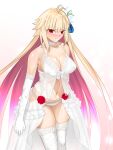  1girl absurdres archetype_earth archetype_earth_(third_ascension) arcueid_brunestud babydoll bare_shoulders blonde_hair blue_notuki blush breasts choker cleavage commentary_request elbow_gloves fate/grand_order fate_(series) flower gloves hair_flower hair_ornament highres large_breasts long_hair looking_at_viewer navel panties red_eyes showgirl_skirt skirt solo thighhighs thighs tsukihime underwear very_long_hair white_babydoll white_gloves white_panties white_skirt white_thighhighs 