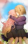  2girls absurdres blood blood_in_hair blood_on_face blood_splatter brown_hair closed_mouth commentary_request dress grey_eyes hair_ornament highres hug kagari_mimi kimi_ga_shinu_made_koi_wo_shitai kukimaru_(pixiv49247046) long_hair looking_at_another multiple_girls mutual_hug pink_hair profile purple_dress school_uniform short_hair sitting totsuki_shiina very_long_hair x_hair_ornament yuri 