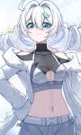  1girl absurdres ahoge breasts cleavage_cutout clothing_cutout commentary_request crop_top cutescookie denim drill_hair highres honkai_(series) honkai_gakuen jacket jeans kiana_kaslana long_hair medium_breasts navel pants simple_background smile solo stomach white_hair white_jacket 