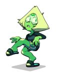  1girl alien alternate_costume blonde_hair casual colored_skin discount-supervillain face_shield forehead_jewel full_body gem gem_(steven_universe) green_skin grid_teeth pantyhose peridot_(steven_universe) sandals shirt short_hair shorts simple_background slides sneaking solo standing standing_on_one_leg steven_universe sweat teeth tiptoes transparent_background triangle-shaped_hair walking 