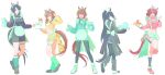  5girls absurdres ahoge animal_ears apron black_hair black_jacket black_leg_warmers black_pantyhose black_skirt black_socks blue_eyes blush breasts brown_eyes brown_hair carrot cropped_jacket cup dantsu_flame_(umamusume) danumamusume food frilled_apron frills fuji_kiseki_(umamusume) green_jacket green_socks hair_between_eyes hair_bun hair_ornament hairband hairclip highres holding holding_saucer holding_teapot holding_tray horse_ears horse_girl horse_tail jacket jersey_maid jungle_pocket_(umamusume) large_breasts leg_warmers long_bangs long_hair long_hair_between_eyes long_sleeves looking_at_viewer maid maid_apron maid_headdress manhattan_cafe_(umamusume) medium_breasts medium_hair midriff multicolored_hair multiple_girls navel notched_ear omelet omurice one_eye_closed open_mouth pantyhose pink_hairband pink_shorts ponytail saucer short_hair shorts simple_background skirt small_breasts smile socks suspender_skirt suspenders tail teacup teapot thigh_strap tongue tongue_out track_jacket tray umamusume unconventional_maid white_apron white_background white_hair yellow_eyes yellow_jacket yellow_skirt 