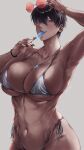  1girl abs absurdres adjusting_eyewear arm_up armpit_crease armpits bead_bracelet beads bikini black_hair blush bracelet breasts brown_eyes cleavage commentary cross cross_earrings cross_necklace dark-skinned_female dark_skin earrings eyewear_on_head food food_on_body food_on_breasts hair_between_eyes highres huge_breasts jewelry kobun0 looking_at_viewer may_(kobun0) mole mole_under_eye multicolored_hair navel necklace original popsicle sideboob silver_bikini simple_background smile solo sunglasses sweat swimsuit teeth tomboy toned toned_female underboob undersized_clothes unworn_eyewear white_background wolf_cut 